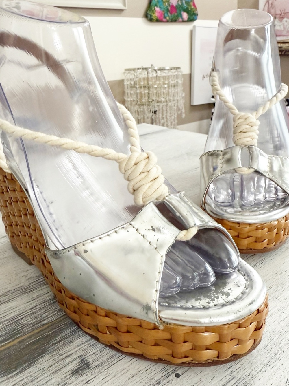 Tory Burch Silver Metallic Rope-Trim Woven Platform Wedges size 5M
